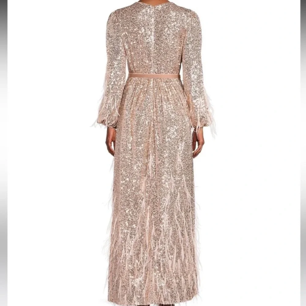 NWOT Antonio Melani x Nicola Bathie Sequin Crew Neck Long Sleeve Feather Dress - Picture 2 of 11